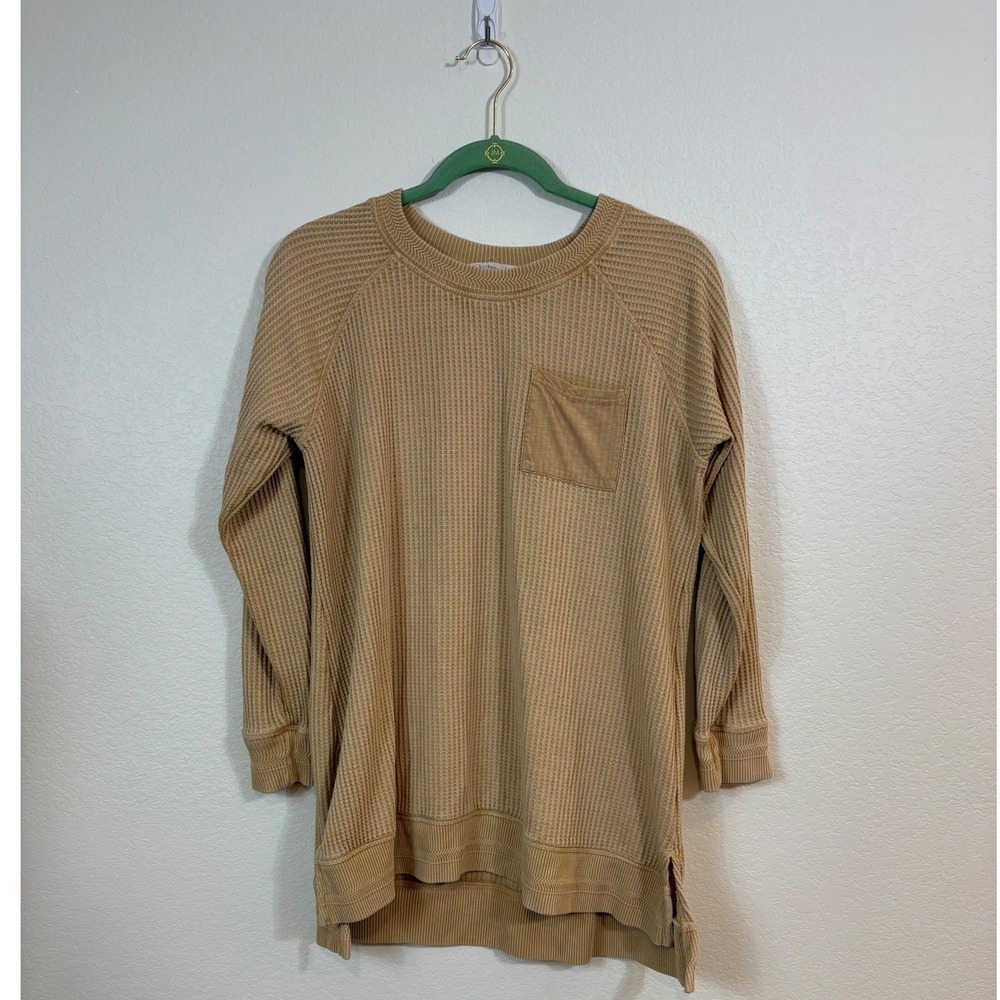 Soft Surroundings Tunic Women Large Tan Waffle Knit Thermal Pocket Top Grunge